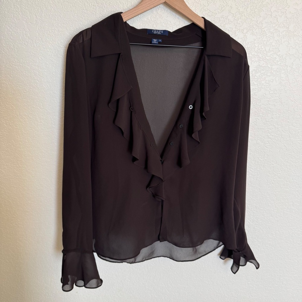 Whimsigoth Fairycore Chaps Espresso Brown Ruffle Sheer Blouse Size 14 XL Brown